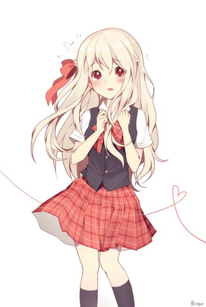 Anime picture 900x1338 with kagerou project shaft (studio) mary (kagerou project) bison cangshu single long hair tall image looking at viewer blush fringe open mouth simple background blonde hair hair between eyes red eyes white background signed alternate costume knees touching heart of string