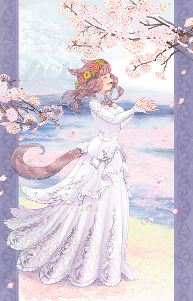 Anime picture 961x1500 with final fantasy final fantasy xiv square enix miqo'te mozuku (mozuuru0323) single long hair tall image blush open mouth smile brown hair standing animal ears full body tail eyes closed animal tail profile cat ears