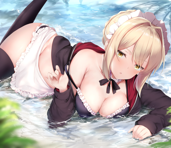 Anime picture 1650x1422 with fate (series) fate/grand order artoria pendragon (all) artoria pendragon (alter swimsuit rider) (fate) maosame single looking at viewer blush fringe short hair breasts light erotic blonde hair hair between eyes yellow eyes payot cleavage bent knee (knees) outdoors lying