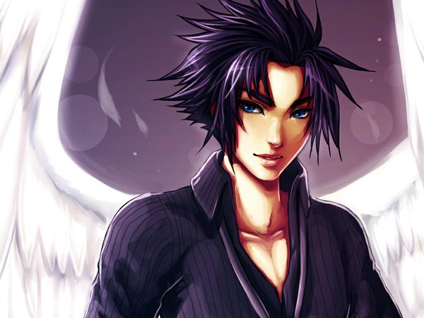 Anime picture 1024x768 with ramy (artist) single short hair blue eyes simple background purple hair open collar angel wings purple background angel boy wings