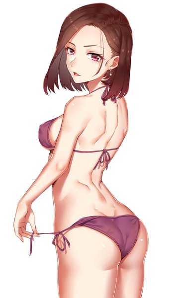 Anime picture 1200x2000 with original yi mian single tall image short hair breasts open mouth light erotic simple background brown hair standing white background bare shoulders ass pink eyes looking back back dimples of venus girl swimsuit