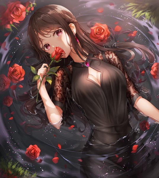 Anime picture 4268x4765 with original lunacle single long hair tall image looking at viewer fringe highres breasts black hair purple eyes holding absurdres cleavage lying braid (braids) parted lips short sleeves on back partially submerged
