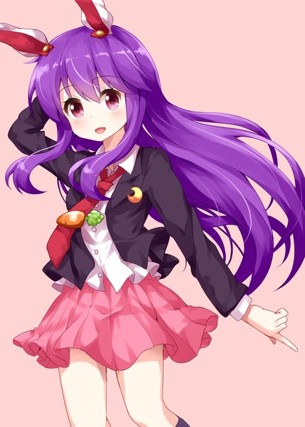 Anime picture 1000x1400 with touhou reisen udongein inaba ruu (tksymkw) single long hair tall image looking at viewer blush fringe open mouth simple background hair between eyes red eyes animal ears purple hair :d pleated skirt bunny ears arm behind head pink background