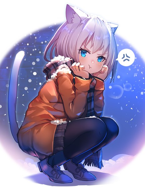 Anime picture 1000x1289 with original rk (rktorinegi) single tall image looking at viewer blush fringe short hair blue eyes hair between eyes animal ears silver hair full body tail animal tail pleated skirt cat ears cat girl cat tail winter
