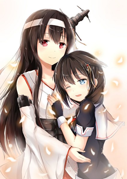 Anime picture 707x1000 with kantai collection shigure destroyer fusou battleship konka long hair tall image blush open mouth blue eyes black hair smile red eyes white background multiple girls traditional clothes one eye closed wink girl gloves hair ornament