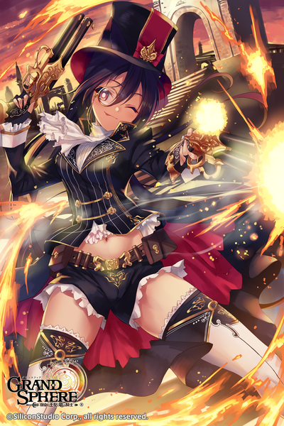 Anime picture 800x1200 with grand sphere fukai ryosuke single long hair tall image looking at viewer fringe black hair smile hair between eyes holding brown eyes head tilt one eye closed wink fighting stance dual wielding shot girl thighhighs