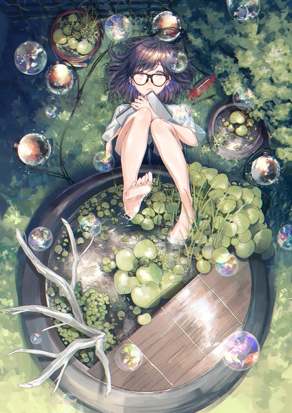 Anime picture 2893x4092 with original sinomi single tall image looking at viewer highres short hair black hair purple eyes full body lying barefoot on back soaking feet leg up girl flower (flowers) glasses bubble (bubbles) water lily