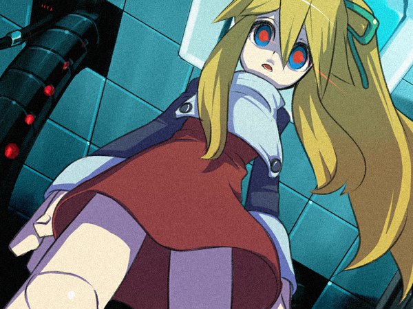 Anime picture 1024x768 with rockman roll (rockman) fujitsuna single long hair blonde hair ponytail doll joints crazy eyes girl