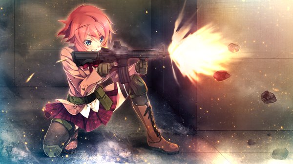 Anime picture 1280x720 with innocent bullet kanzaki sayaka (innocent bullet) single short hair blue eyes wide image game cg red hair shot casing ejection girl thighhighs skirt uniform weapon black thighhighs school uniform boots gun shell casing