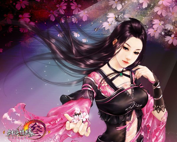 Anime picture 1280x1024 with jianxia qingyuan 3 zhang xiao bai single long hair purple eyes purple hair sunlight realistic girl hair ornament flower (flowers) jewelry