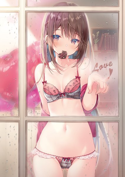 Anime picture 1357x1920 with original miwabe sakura single long hair tall image looking at viewer blush fringe breasts light erotic smile brown hair standing bare shoulders holding brown eyes cleavage indoors scan off shoulder