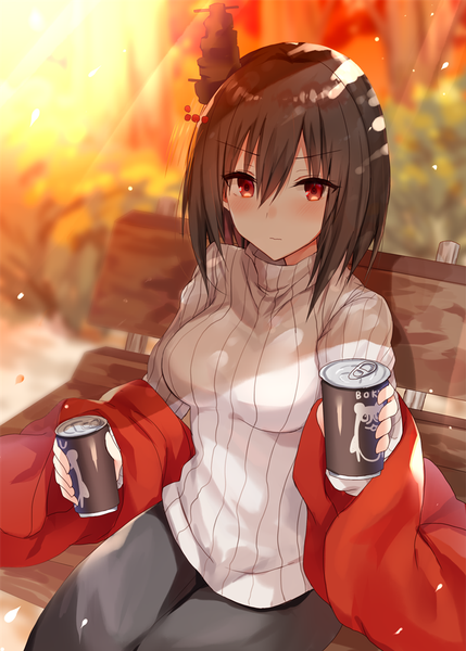Anime picture 715x1000 with kantai collection yamashiro battleship kinona (kino10) single tall image looking at viewer blush fringe short hair breasts hair between eyes red eyes brown hair sitting holding outdoors blurry inscription shadow girl