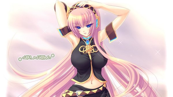 Anime picture 1366x769 with vocaloid megurine luka long hair blue eyes wide image pink hair girl navel hairband
