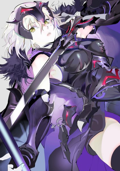 Anime picture 848x1200 with fate (series) fate/grand order jeanne d'arc (fate) (all) jeanne d'arc alter (fate) 119 single tall image looking at viewer fringe short hair breasts simple background hair between eyes holding yellow eyes silver hair parted lips fur trim pale skin girl