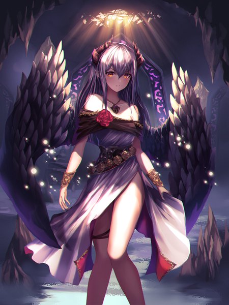 Anime picture 1500x2000 with original luc (kor) single long hair tall image looking at viewer blush fringe hair between eyes standing bare shoulders payot purple hair horn (horns) sunlight off shoulder orange eyes angel wings sunbeam anaglyph