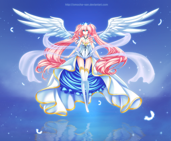 Anime-Bild 1280x1061 mit original zenithomocha single long hair blue eyes twintails bare shoulders signed pink hair angel wings angel girl wings star (symbol) thigh boots feather (feathers) necklace