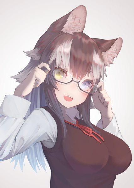 Anime picture 2480x3496 with kemono friends grey wolf (kemono friends) st.takuma single long hair tall image looking at viewer blush fringe highres breasts open mouth black hair simple background smile hair between eyes large breasts purple eyes animal ears yellow eyes