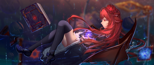 Anime picture 3556x1500 with original yuuta (806350354) single long hair highres red eyes wide image animal ears looking away red hair profile hair flower light smile blurry magic between legs demon wings extra ears girl thighhighs
