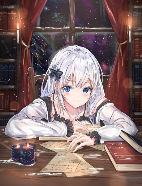 Anime picture 1568x2048 with original na kyo single long hair tall image looking at viewer blush fringe blue eyes smile hair between eyes sitting bare shoulders silver hair upper body indoors long sleeves off shoulder night open jacket