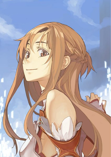 Anime picture 792x1120 with sword art online a-1 pictures yuuki asuna murasaki hisato single long hair tall image looking at viewer smile brown hair bare shoulders brown eyes sky braid (braids) girl detached sleeves