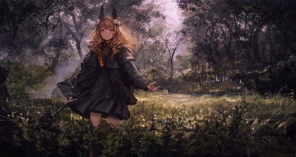 Anime picture 3200x1697 with lavender quartz torabishi lana lm7 (op-center) single long hair blush fringe highres brown hair wide image standing brown eyes looking away outdoors hair flower open jacket nature girl dress flower (flowers)