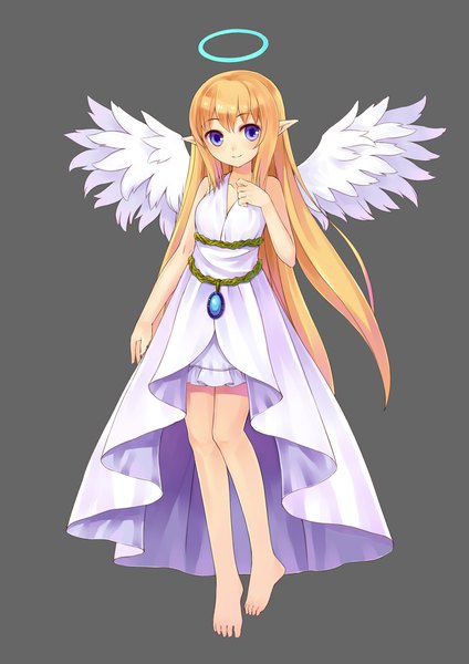Anime picture 1653x2338 with original tsubasa tsubasa single tall image looking at viewer fringe blue eyes simple background blonde hair full body barefoot light smile pointy ears grey background bare legs sleeveless hand on chest angel wings angel girl