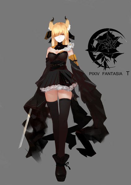 Anime picture 3307x4677 with original pixiv fantasia pixiv fantasia t xiaoxiao single long hair tall image looking at viewer fringe highres breasts blonde hair simple background standing animal ears yellow eyes absurdres cleavage full body hair over one eye