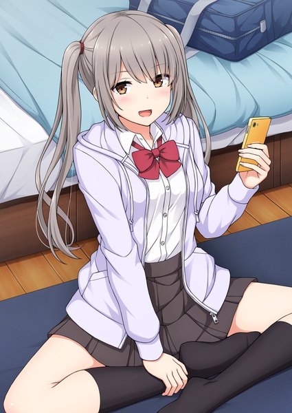 Anime picture 752x1062 with original nakamura sumikage single long hair tall image looking at viewer blush fringe open mouth smile hair between eyes sitting twintails holding brown eyes payot full body bent knee (knees) indoors long sleeves