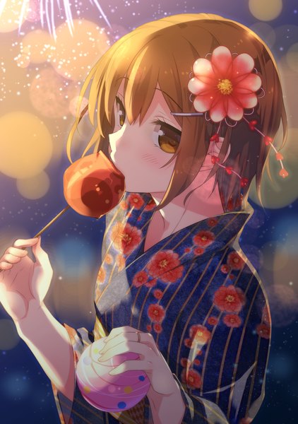 Anime picture 756x1075 with original lewisia 2 single tall image looking at viewer blush fringe short hair hair between eyes brown hair holding brown eyes upper body traditional clothes japanese clothes from above depth of field lens flare floral print otoko no ko