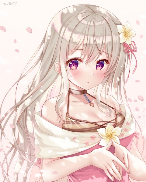Anime-Bild 4000x5000 mit virtual youtuber propro production hanakumo rin (vtuber) sousouman single long hair tall image looking at viewer blush fringe highres breasts simple background bare shoulders signed absurdres cleavage silver hair upper body pink eyes