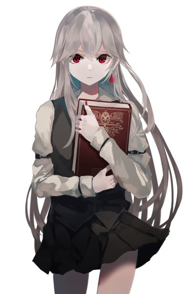 Anime picture 1622x2500 with original roa (ogami ren) ogami ren single long hair tall image looking at viewer fringe simple background hair between eyes red eyes standing white background holding long sleeves nail polish parted lips pleated skirt fingernails grey hair