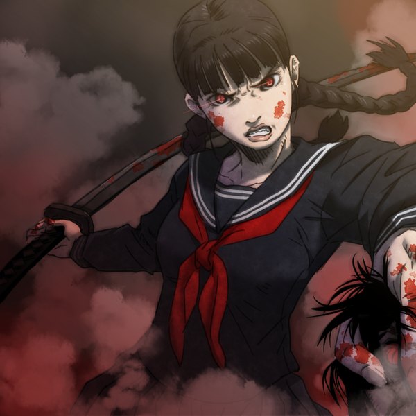 Anime picture 800x800 with blood the last vampire saya (blood the last vampire) yazwo single long hair looking at viewer fringe black hair red eyes holding blunt bangs braid (braids) twin braids grin blood on face vampire blood stains bloody weapon girl uniform