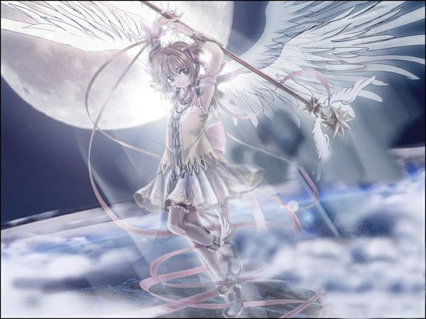 Anime picture 1024x768 with card captor sakura clamp kinomoto sakura single looking at viewer short hair standing pink hair cloud (clouds) standing on one leg third-party edit white wings girl dress bow ribbon (ribbons) hair ribbon wings boots moon