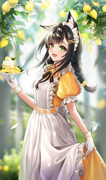 Anime picture 1200x2046 with original kottungyang single long hair tall image looking at viewer blush open mouth black hair smile standing holding green eyes animal ears ahoge outdoors braid (braids) :d arm up wind