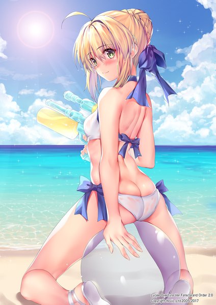 Anime picture 900x1273 with fate (series) fate/grand order artoria pendragon (all) artoria pendragon (swimsuit archer) (fate) obiwan single tall image looking at viewer blush fringe short hair light erotic blonde hair hair between eyes holding green eyes payot sky cloud (clouds) ahoge