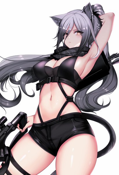 Anime picture 2769x4049 with arknights schwarz (arknights) ateoyh single long hair tall image looking at viewer fringe highres breasts light erotic simple background hair between eyes large breasts white background holding animal ears yellow eyes cleavage silver hair