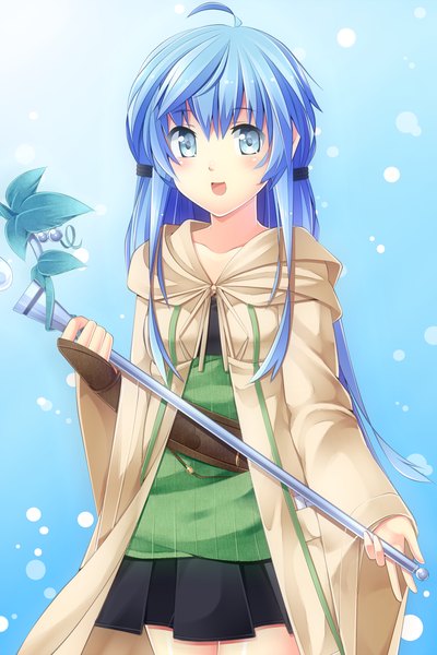 Anime picture 1200x1800 with original komimiyako single long hair tall image looking at viewer blue eyes blue hair ahoge girl skirt cape staff