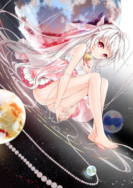 Anime picture 1060x1500 with original juna single tall image looking at viewer fringe light erotic red eyes sitting bare shoulders cleavage silver hair ahoge ass very long hair barefoot light smile night night sky shiny skin