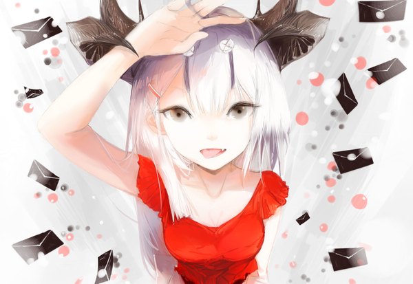 Anime picture 1634x1127 with original sa'yuki single long hair looking at viewer fringe open mouth silver hair ahoge arm up horn (horns) from above grey eyes fang (fangs) sleeveless hand on hip pale skin girl skirt hair ornament