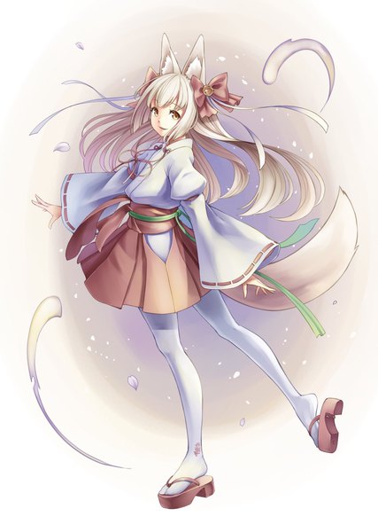 Anime picture 1140x1600 with original kazuki seihou single long hair tall image looking at viewer blonde hair smile standing animal ears full body tail long sleeves traditional clothes parted lips japanese clothes animal tail wide sleeves orange eyes fox ears