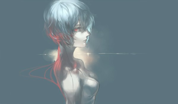 Anime picture 1024x600 with neon genesis evangelion gainax ayanami rei coralstone single short hair red eyes wide image blue hair profile girl bodysuit pilot suit