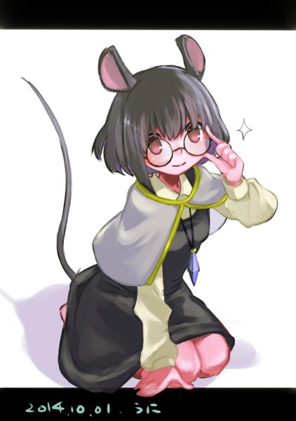 Anime picture 919x1308 with touhou nazrin namauni single tall image looking at viewer blush fringe short hair simple background red eyes white background animal ears tail animal tail from above grey hair shadow kneeling adjusting glasses