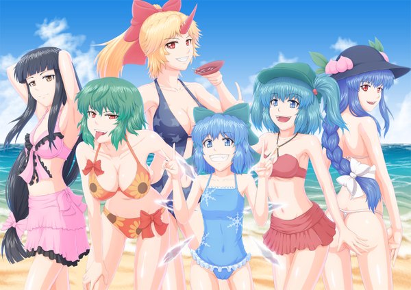 Anime picture 1403x992 with touhou cirno hinanawi tenshi kazami yuuka houraisan kaguya kawashiro nitori hoshiguma yuugi nazal (artist) long hair short hair blue eyes light erotic black hair blonde hair red eyes multiple girls brown eyes blue hair braid (braids) green hair