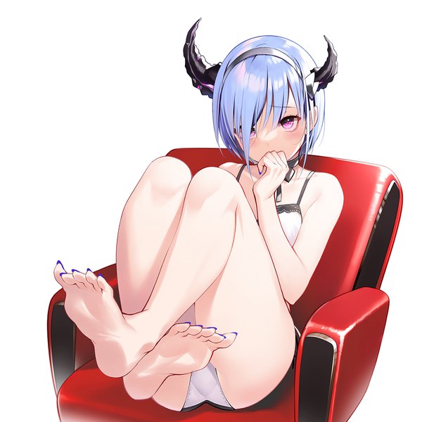 Anime picture 1200x1200 with original nekomu single fringe short hair light erotic simple background white background sitting purple eyes blue hair full body nail polish barefoot horn (horns) hair over one eye bare legs covered mouth hand to mouth blue nail polish