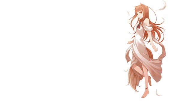 Anime picture 1920x1080 with spice and wolf horo single long hair highres smile red eyes brown hair wide image standing white background animal ears tail wolf ears wolf tail wolf girl girl dress feather (feathers)