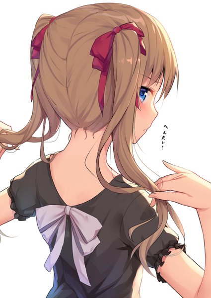 Anime picture 1062x1500 with original alexmaster single long hair tall image blush blue eyes simple background brown hair white background twintails looking away upper body looking back hieroglyph adjusting hair girl ribbon (ribbons) bow hair bow