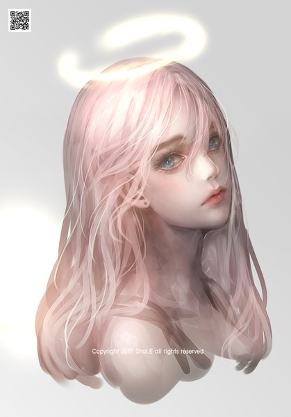 Anime picture 1930x2760 with original shale single long hair tall image looking at viewer fringe highres blue eyes simple background hair between eyes bare shoulders pink hair upper body realistic grey background text portrait english girl
