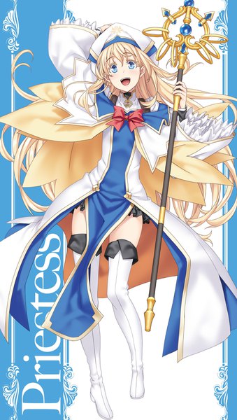 Anime picture 2048x3616 with goblin slayer! priestess (goblin slayer!) kannatsuki noboru single long hair tall image looking at viewer fringe highres open mouth blue eyes blonde hair hair between eyes full body arm up official art character names hand on head girl hat
