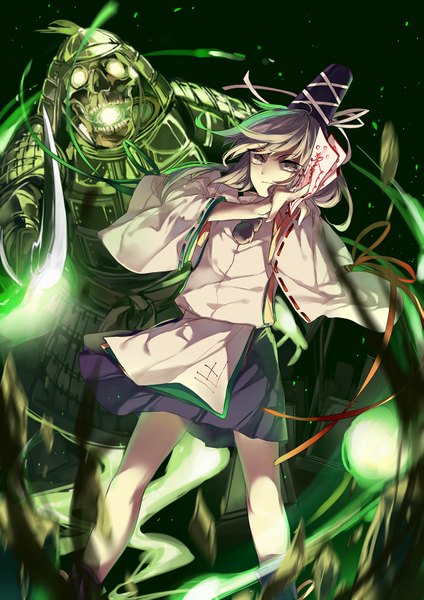 Anime picture 1131x1600 with touhou mononobe no futo hug (yourhug) long hair tall image looking at viewer grey hair night grey eyes magic light ghost skeleton samurai girl skirt ribbon (ribbons) weapon hat sword