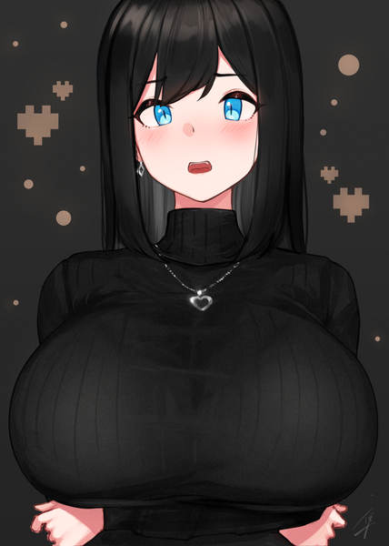Anime picture 2381x3340 with original blue-eyed girl (hayabusa) hayabusa single long hair tall image looking at viewer blush fringe highres breasts open mouth blue eyes light erotic black hair simple background payot upper body embarrassed huge breasts